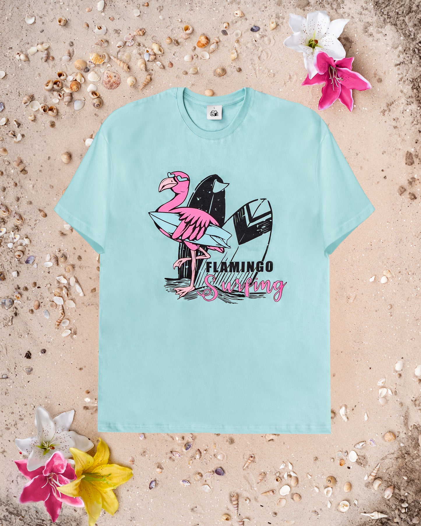 T-shirt mit Flamingo-Surfing Print